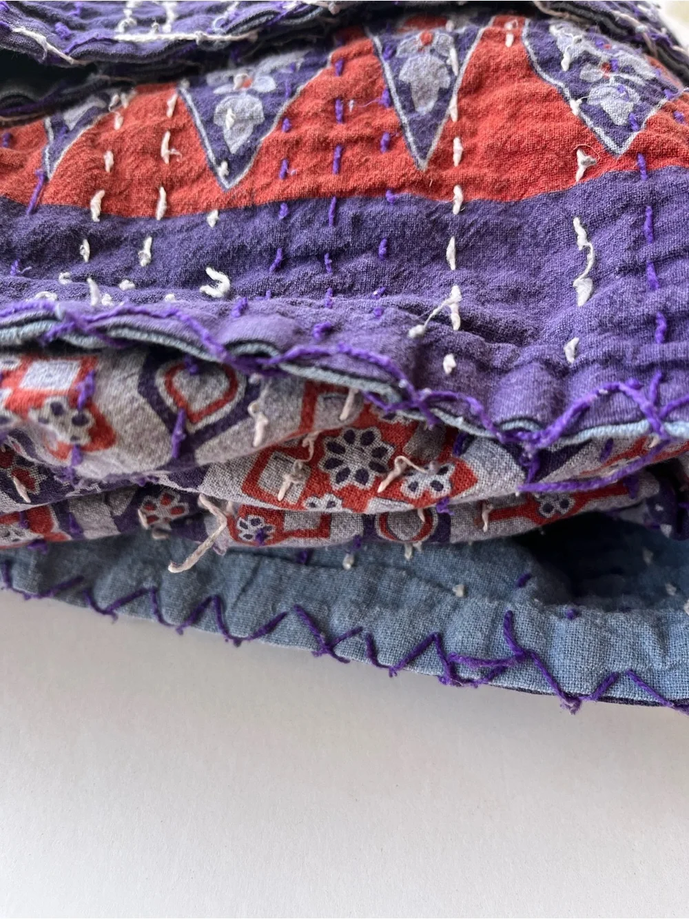 Vintage-Inspired Red & Blue Paisley Kantha Throw 100” x 87”